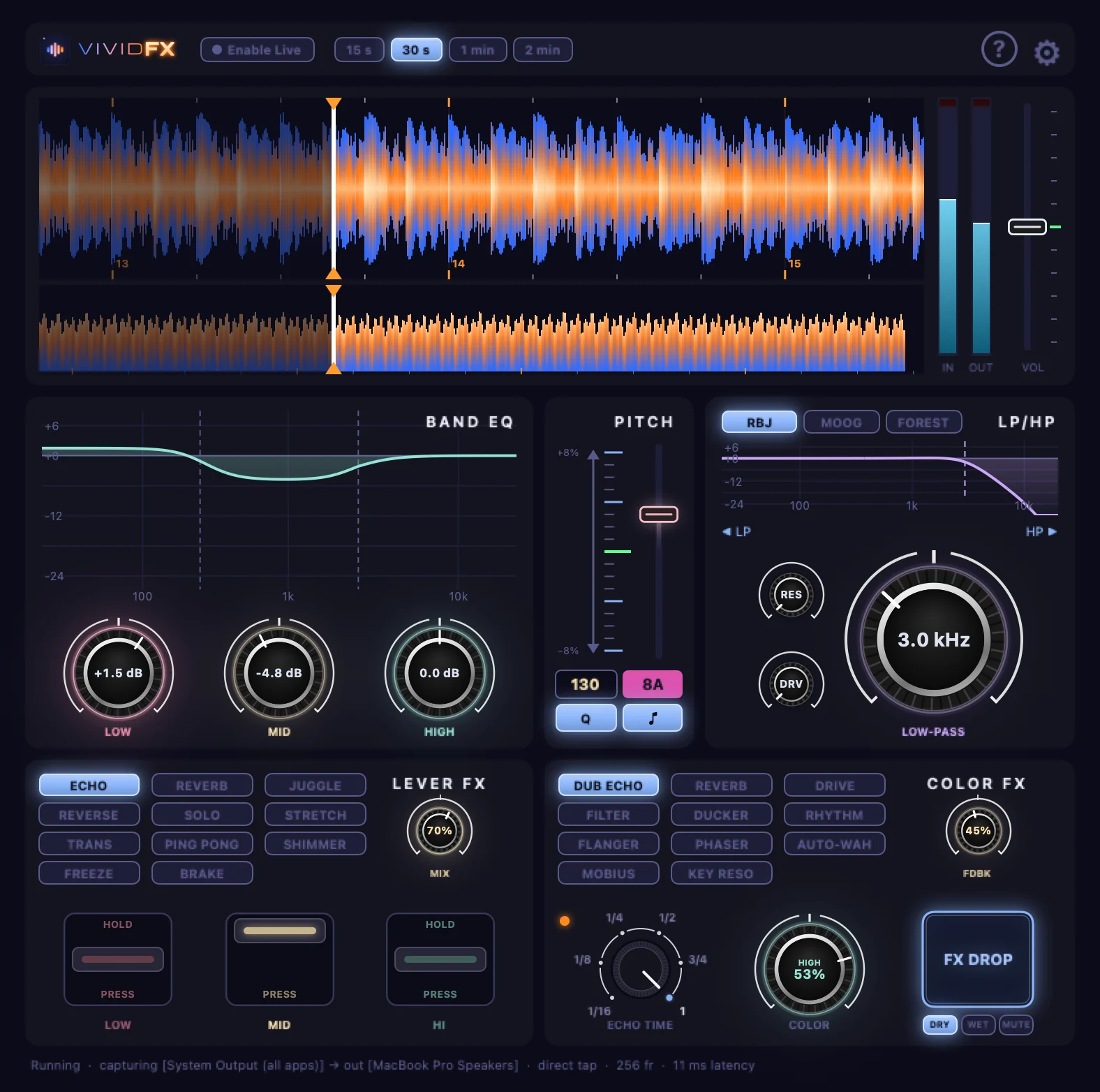 The Vivid FX window: waveforms with the beat grid, EQ, pitch, filter, lever FX and track FX