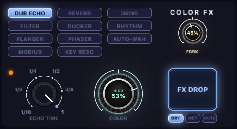 The track FX card: effect buttons, ECHO TIME, the big knob and FX DROP