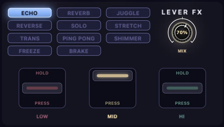 The lever FX card: effect buttons, SUB parameter and the LOW, MID and HI levers