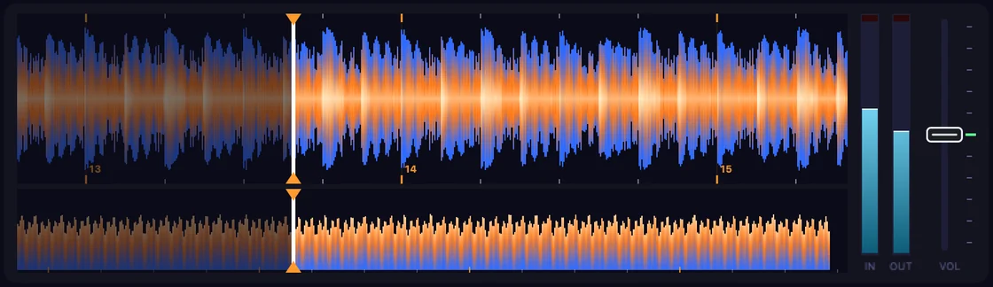 Zoomed waveform with beat lines and bar numbers, and the whole buffer below